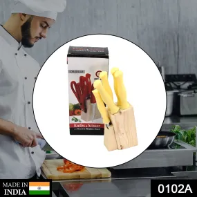 0102A Stainless Steel Kitchen Knife Set with Wooden Stand & Scissor Vegetable & Meat Cutting