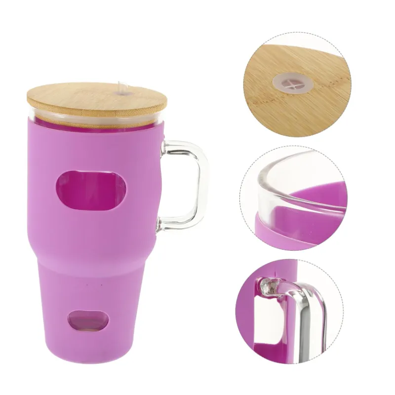 1.1L Reusable Glass Tumbler Cup With Bamboo Lid And Straw If-96 Pink