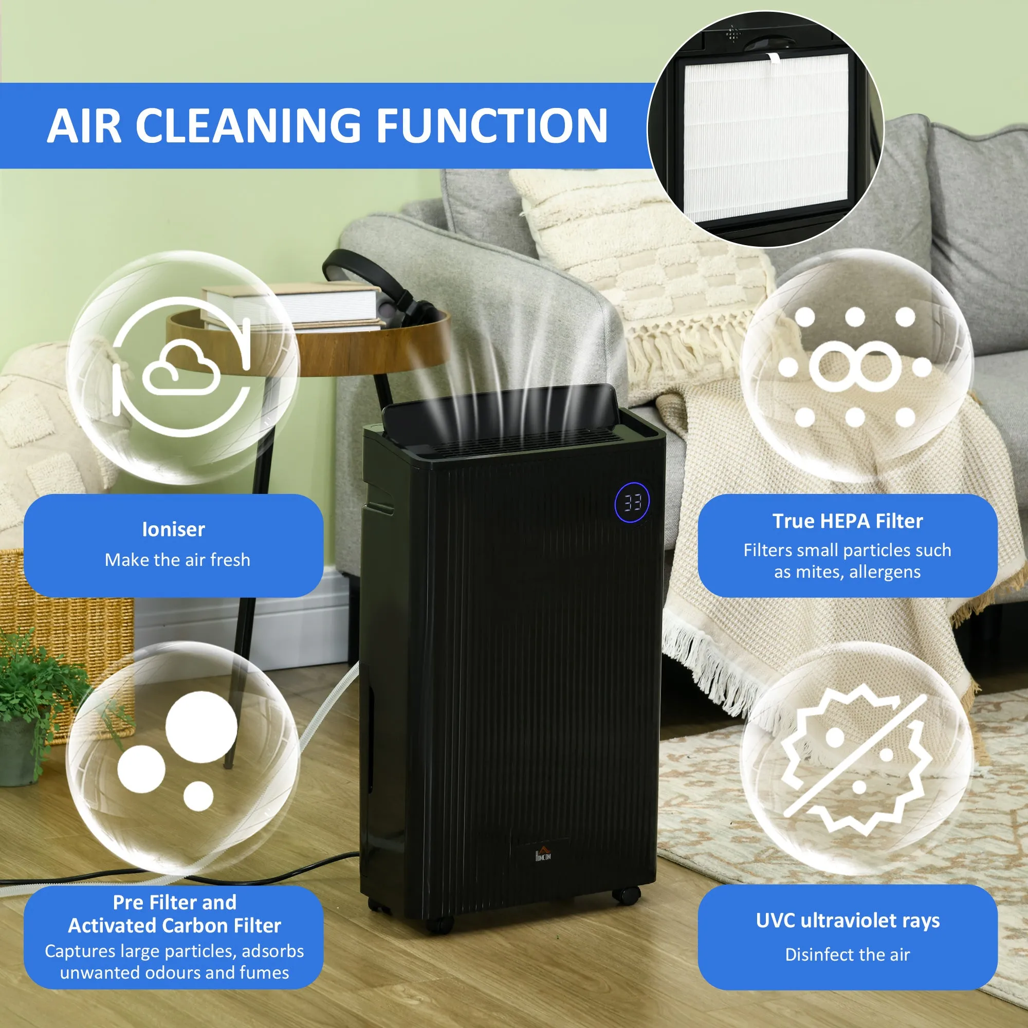 16L/Day Quiet Air Dehumidifier with Purifier, UVC, Ioniser, Timer, Black