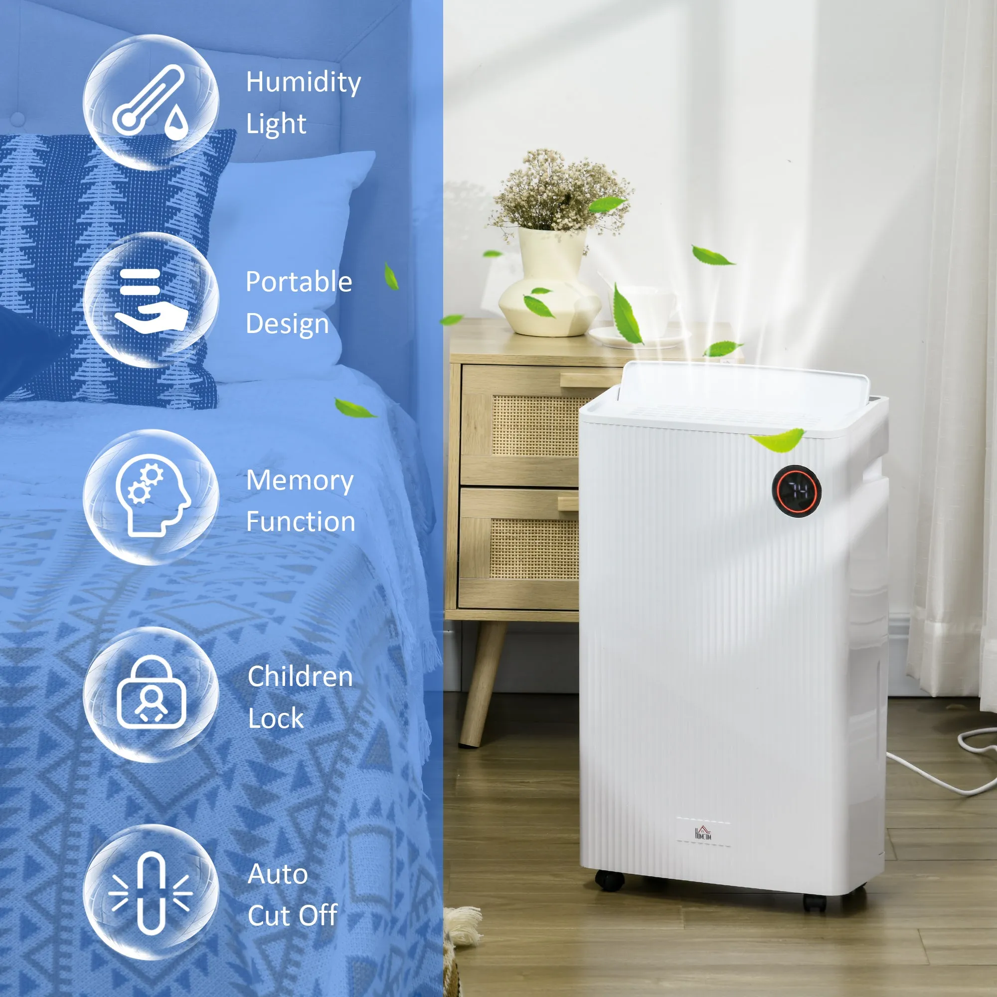 16L/Day Quiet Air Dehumidifier with Purifier, UVC, Ioniser, Timer, White