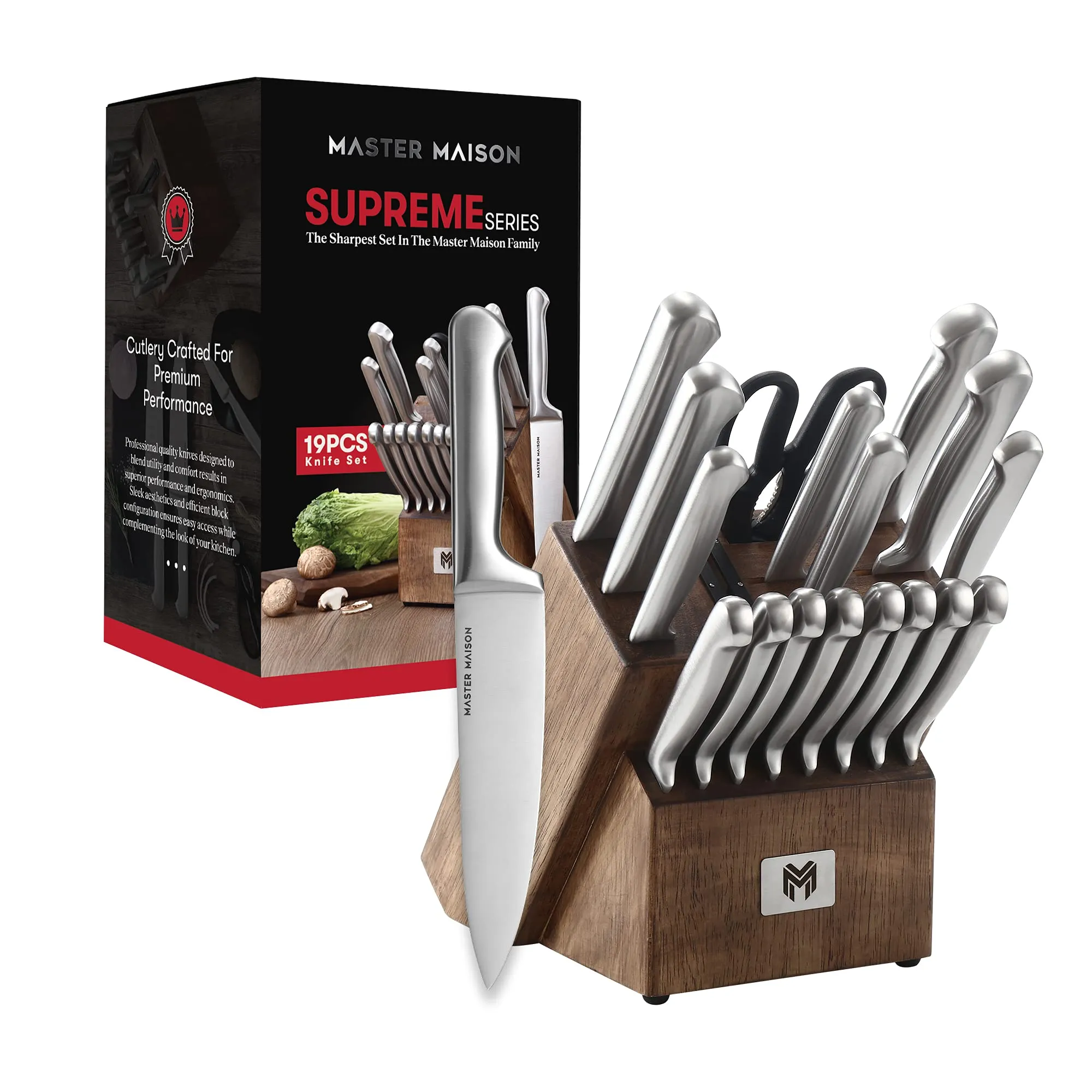 19-Piece Kitchen Knife Block Set - Wooden Block German Stainless