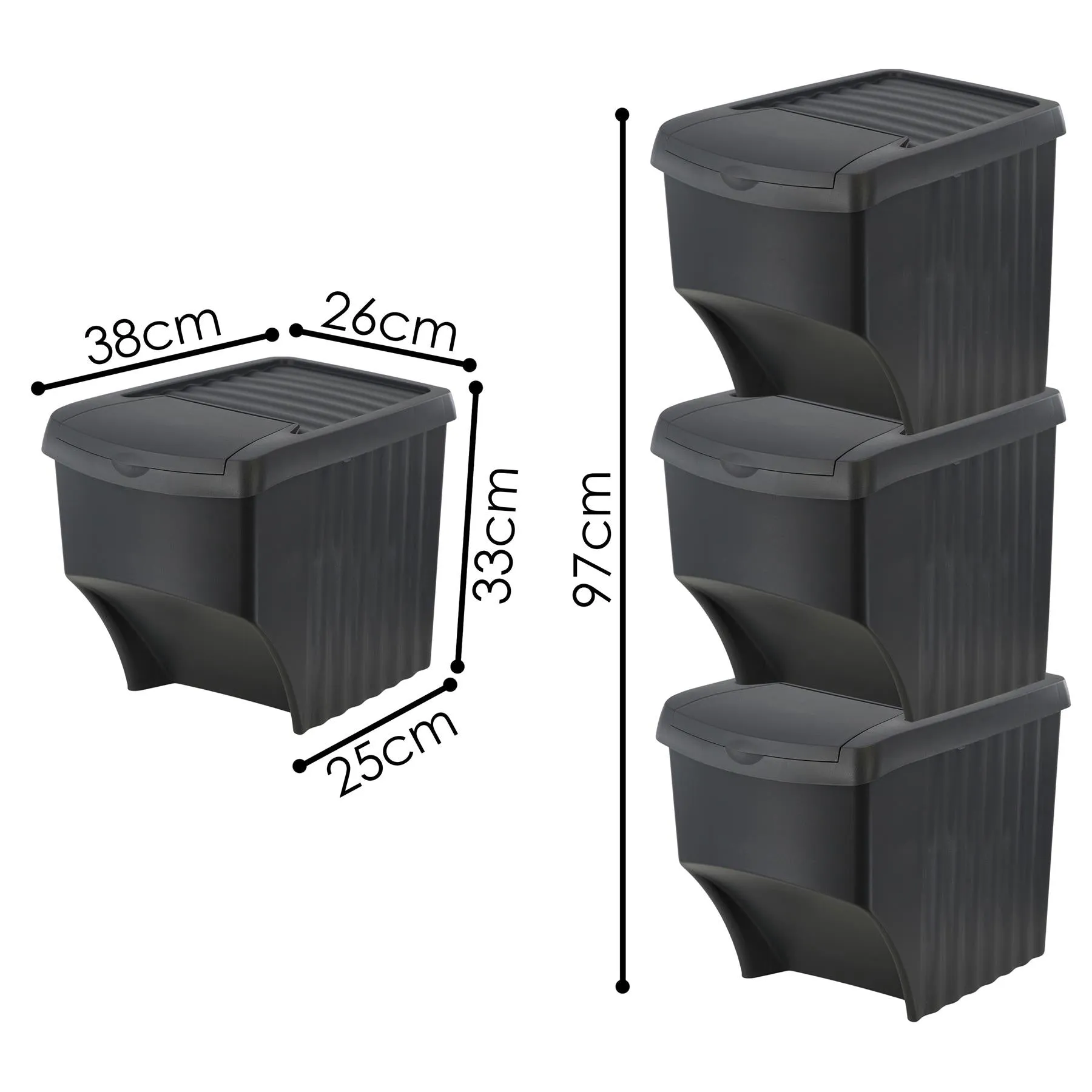 25 L set of 3 Large Plastic Waste Recycling Bin With Lids