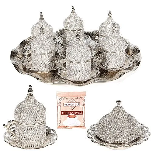 27 Pc Turkish Coffee Espresso Cup Saucer Swarovski Crystal Set SILVER