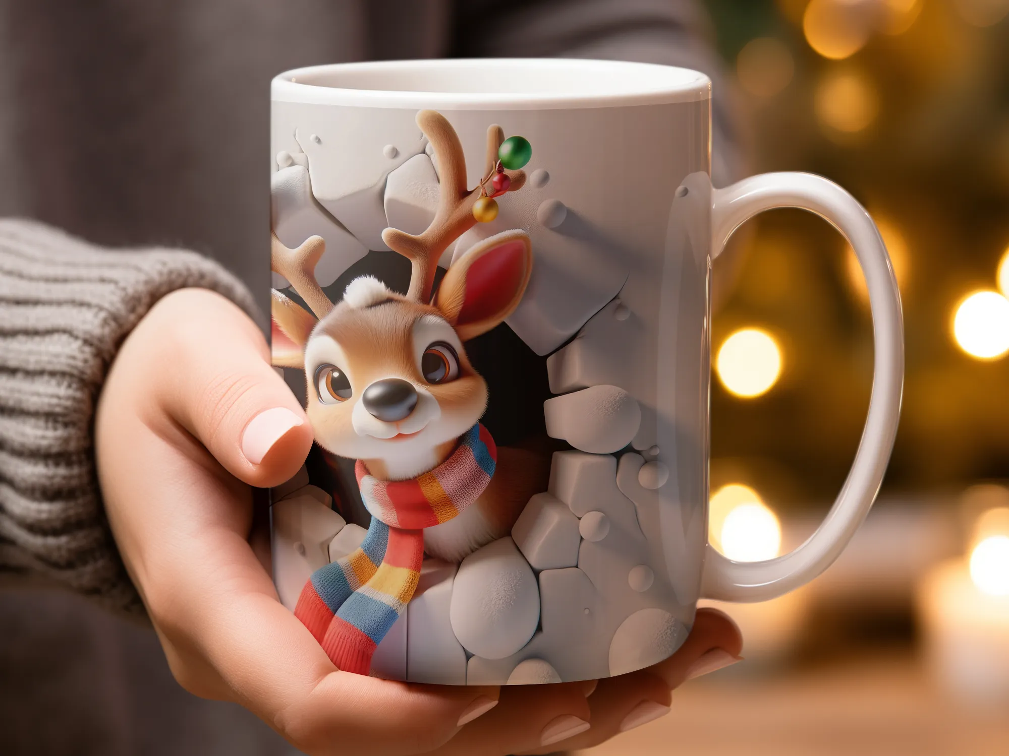 3D Peeking Reindeer Vivid Colors Mug, 3D Peeking Reindeer Coffee Mug, 3D Peeking Reindeer Gifts, Reindeer Mugs, Christmas Gifts