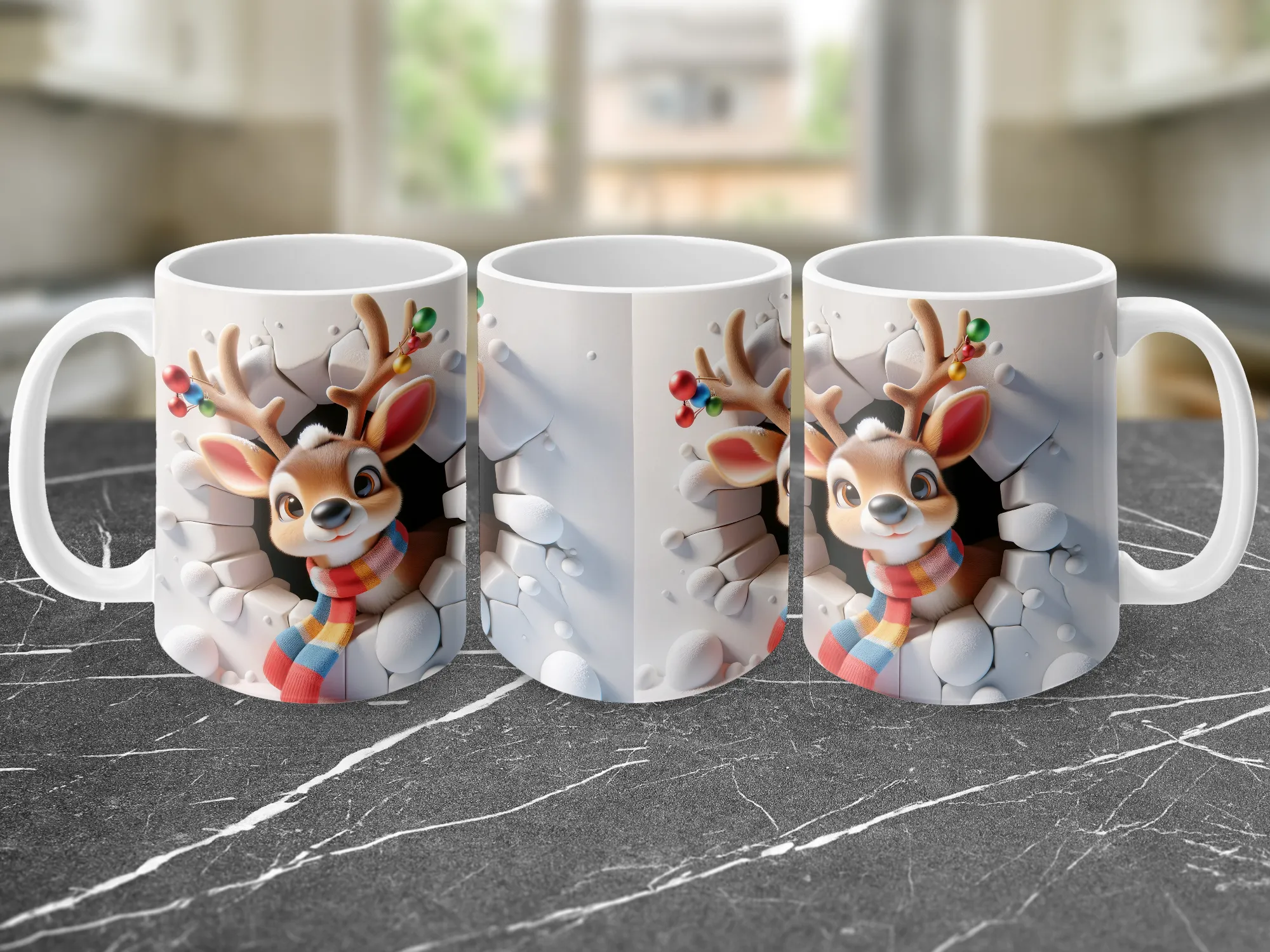 3D Peeking Reindeer Vivid Colors Mug, 3D Peeking Reindeer Coffee Mug, 3D Peeking Reindeer Gifts, Reindeer Mugs, Christmas Gifts