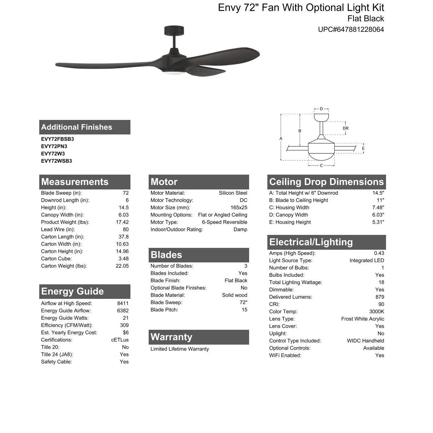 72" Envy in Flat Black  w/ Flat Black Blades