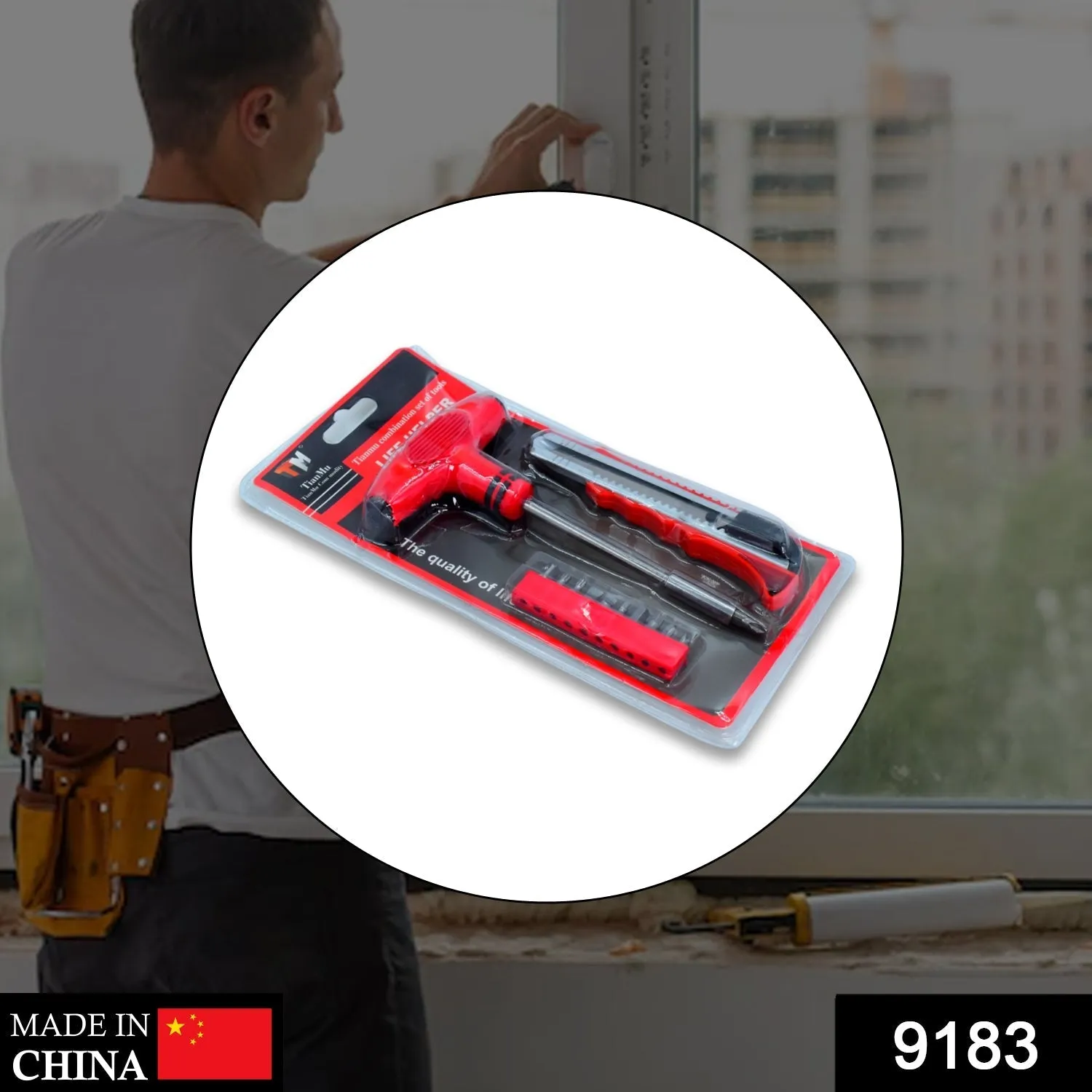 9183 T-shaped screw driver with 10 Screwdriver bits and cutter