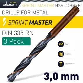 ALPEN HSS SPRINT MASTER  3.0MM X3 SLEEVED DIN338 ALPEN DRILL BIT ALP6180030