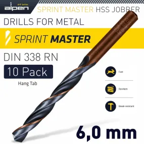 ALPEN HSS SPRINT MASTER 6.0MM 10-PACK HANG TAG DIN 338 ALPEN DRILL BITS ALP6310060