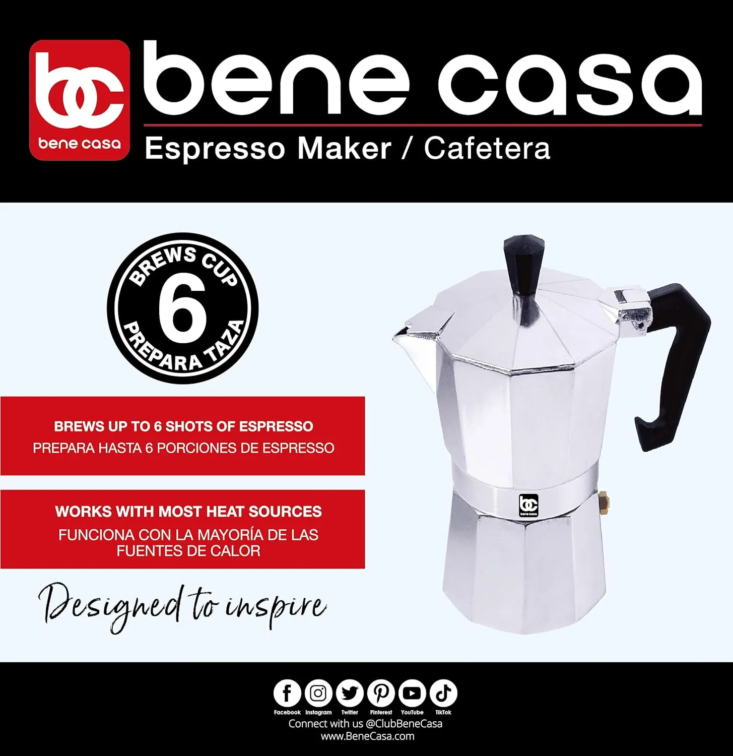 Bene Casa Aluminum, Stovetop, Espresso Maker w/ side Pour Spout