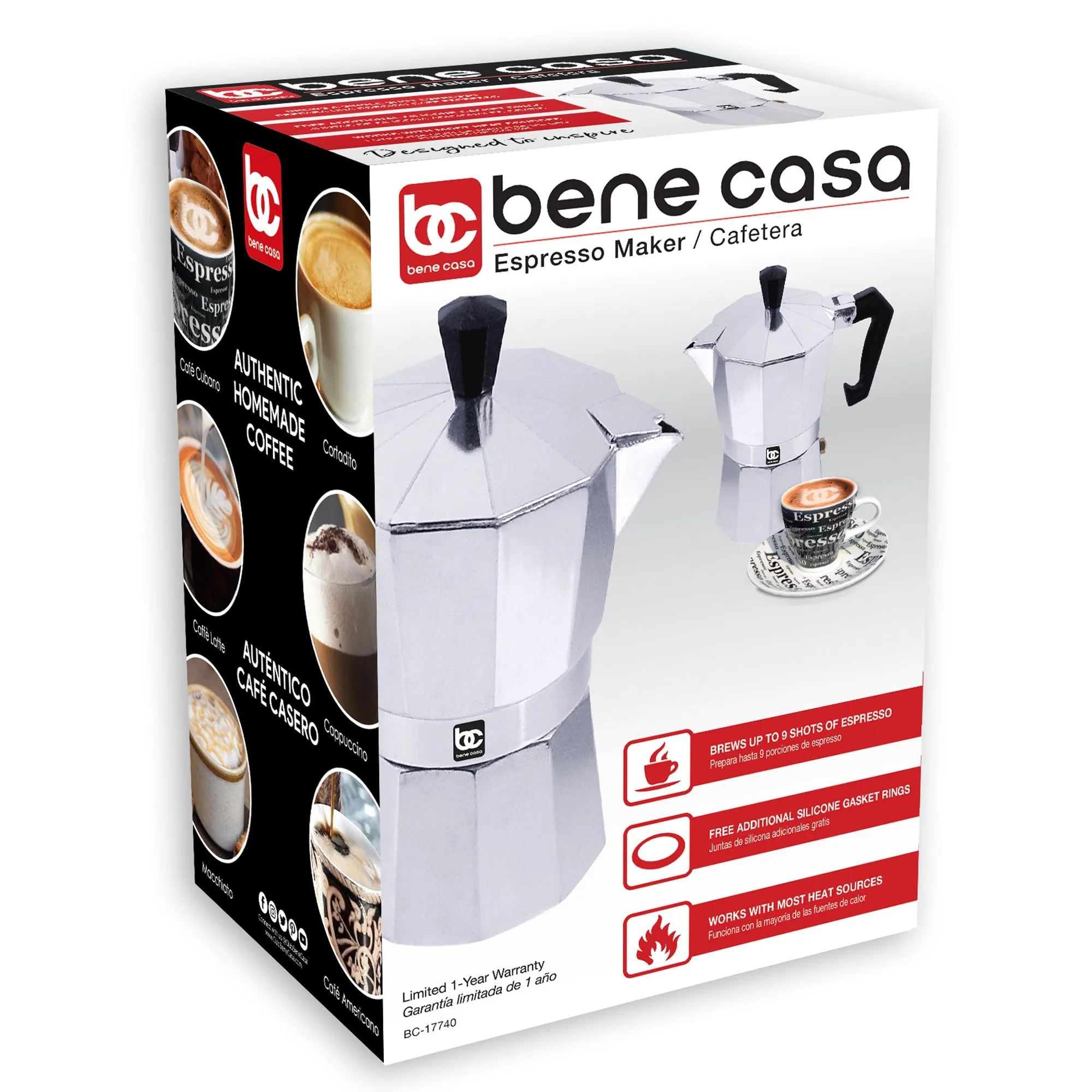 Bene Casa Aluminum, Stovetop, Espresso Maker w/ side Pour Spout