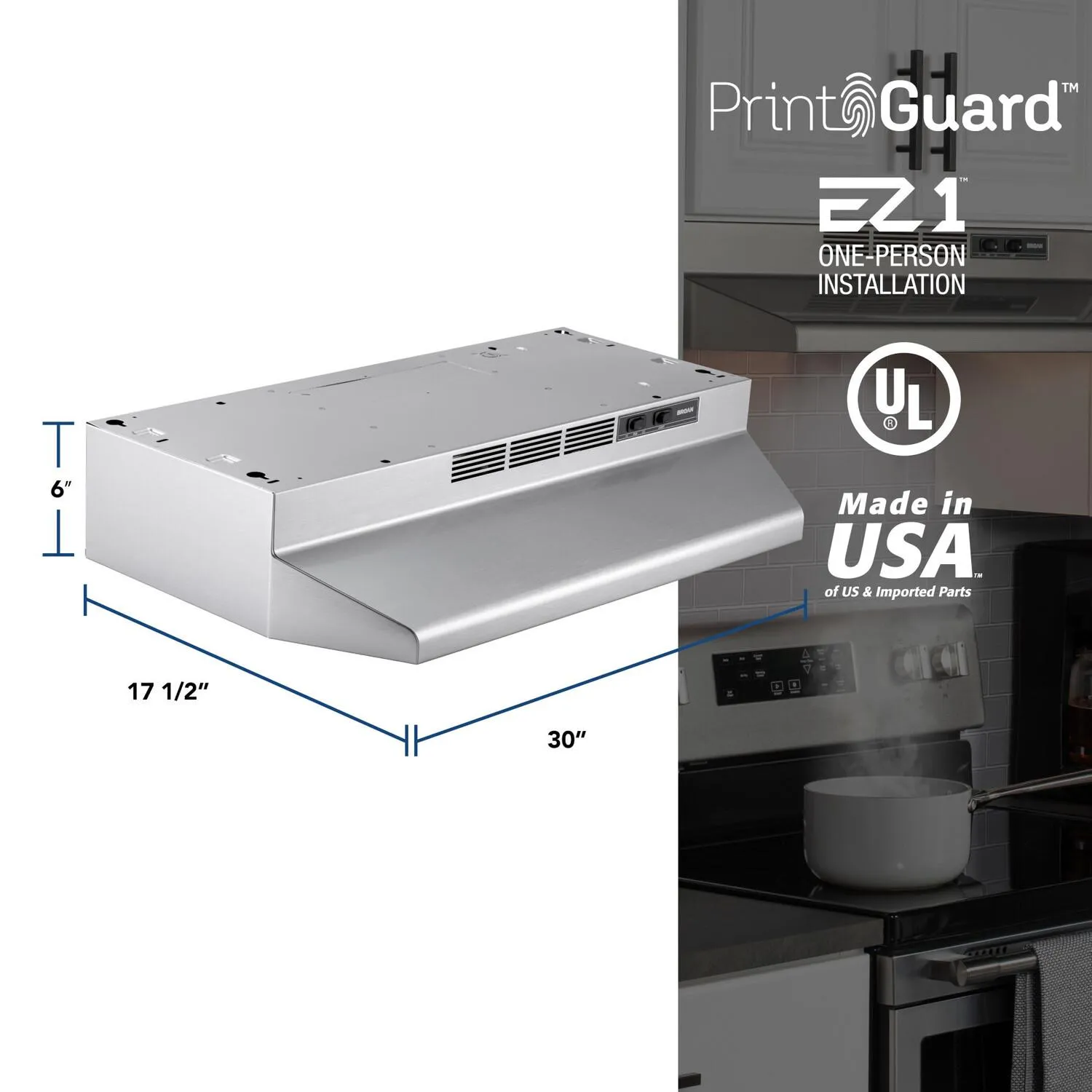 BUEZ130SF Broan® 30-Inch Ductless Under-Cabinet Range Hood w/ Easy Install System, Stainless Finish