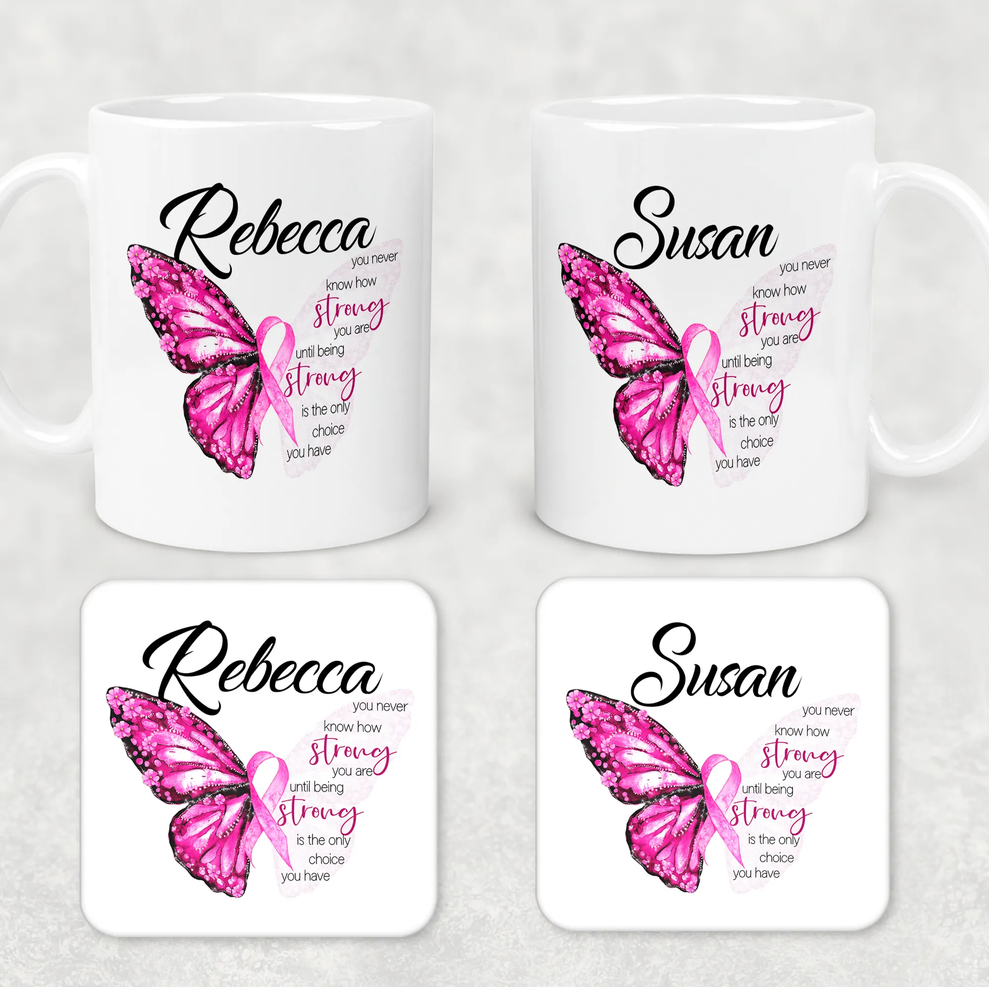 Butterfly Breast Cancer Ribbon Personalised Mug & Coaster