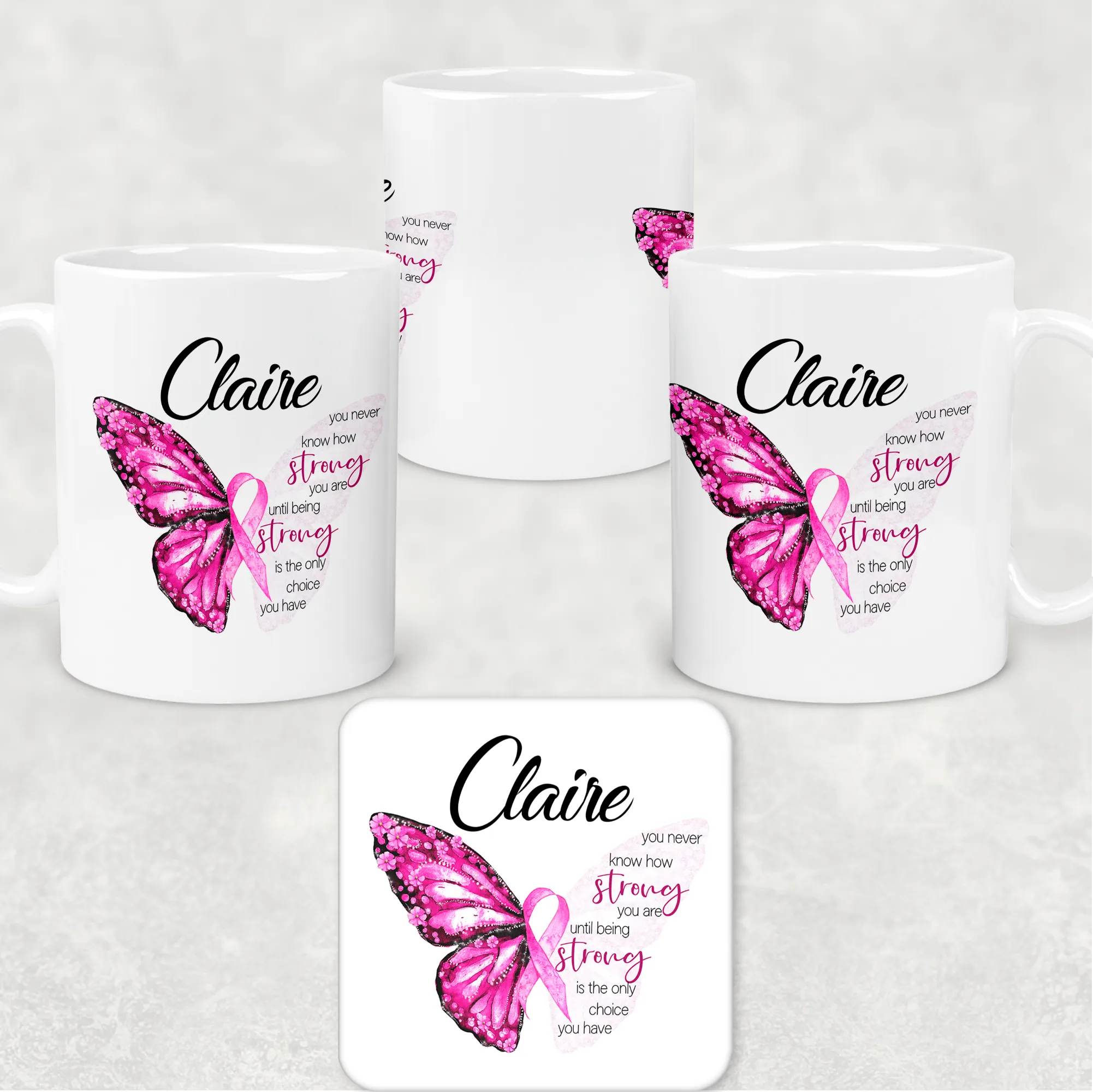 Butterfly Breast Cancer Ribbon Personalised Mug & Coaster