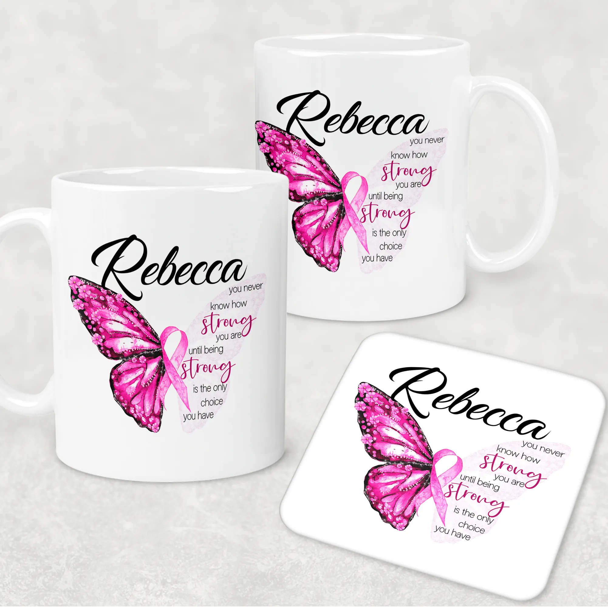 Butterfly Breast Cancer Ribbon Personalised Mug & Coaster