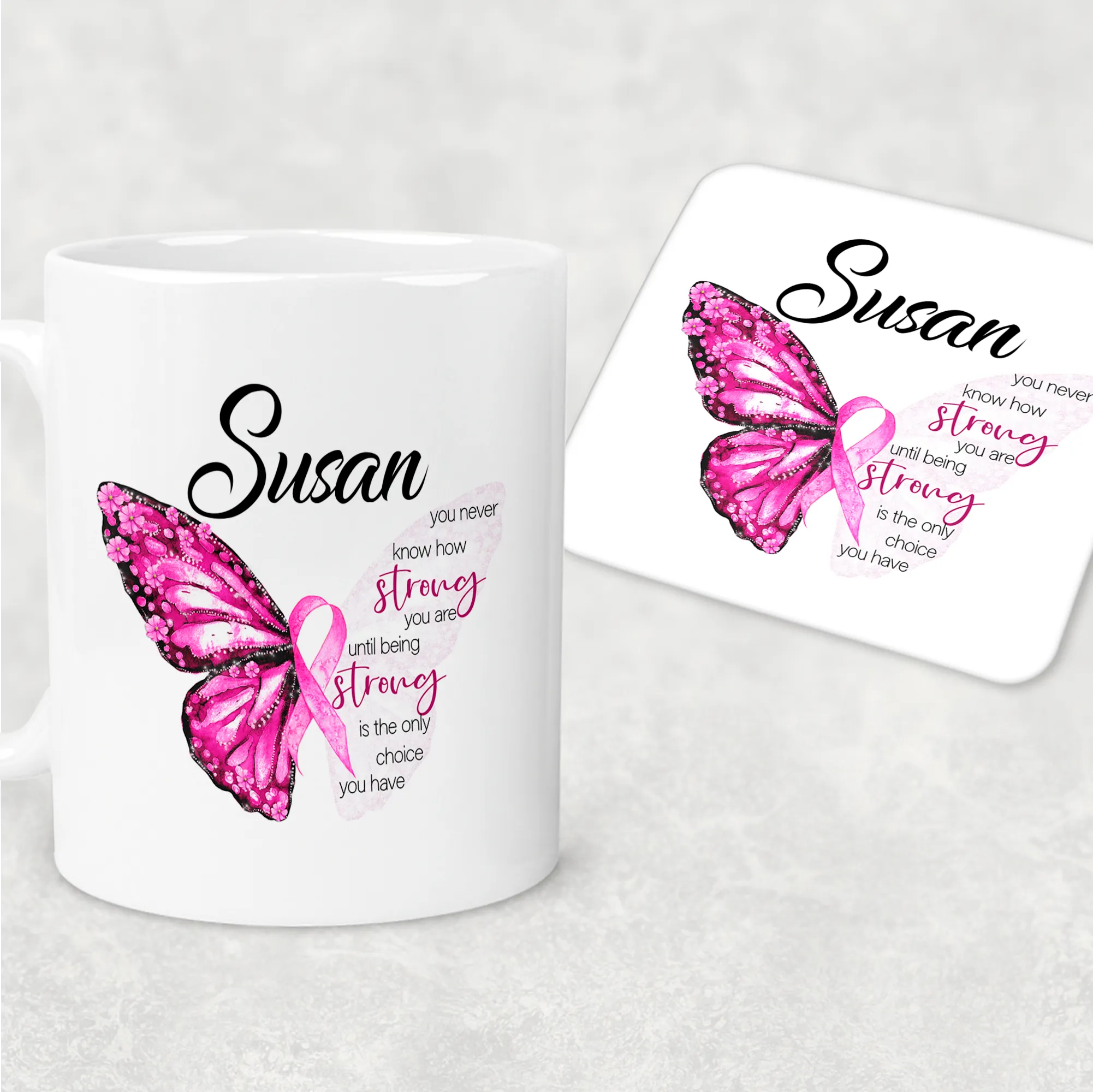 Butterfly Breast Cancer Ribbon Personalised Mug & Coaster