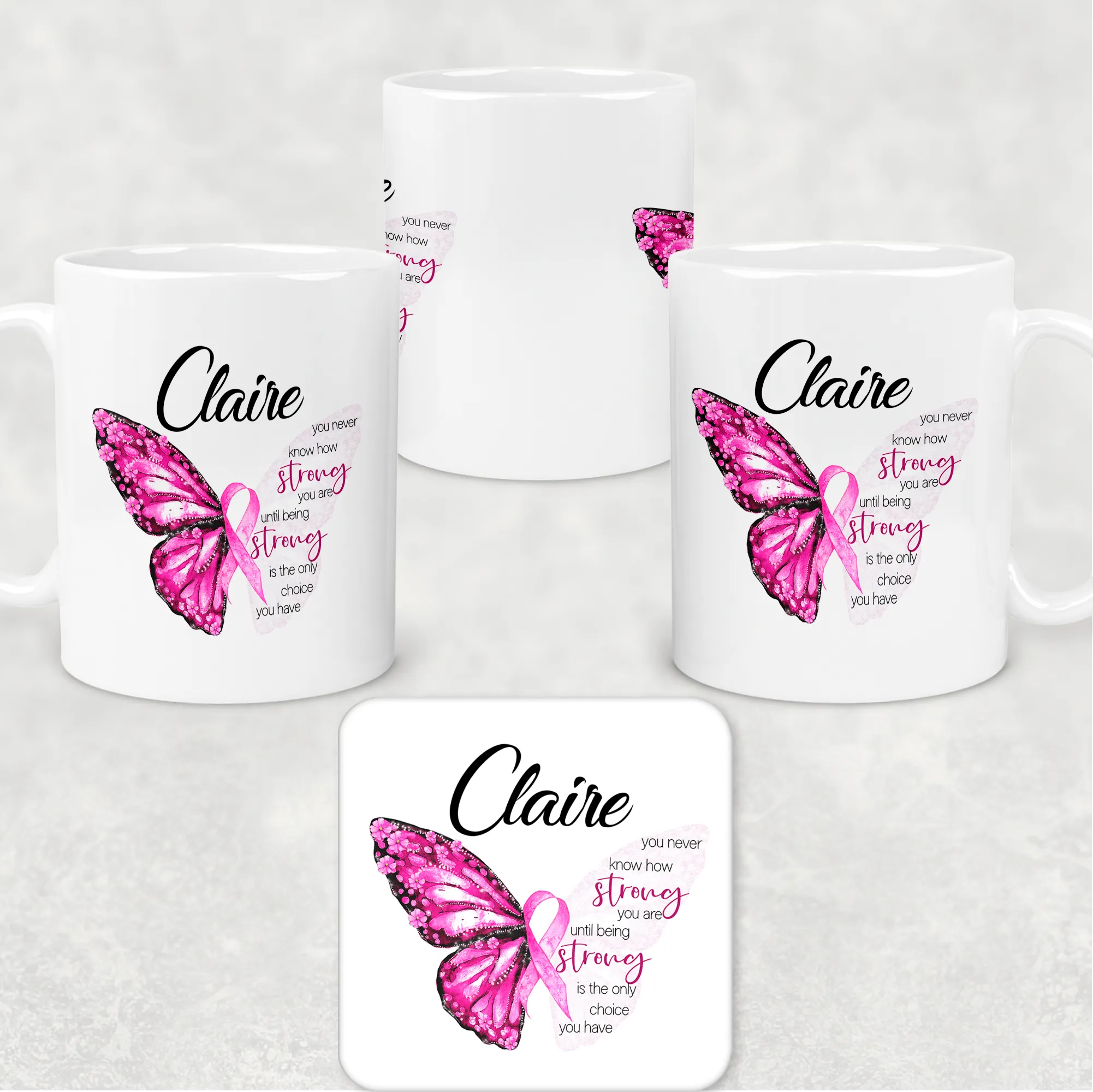 Butterfly Breast Cancer Ribbon Personalised Mug & Coaster