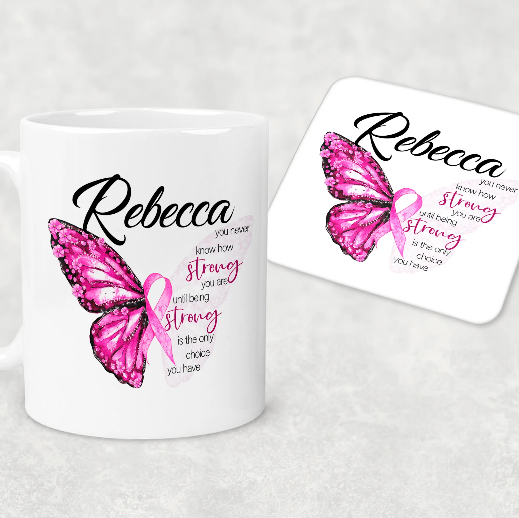 Butterfly Breast Cancer Ribbon Personalised Mug & Coaster