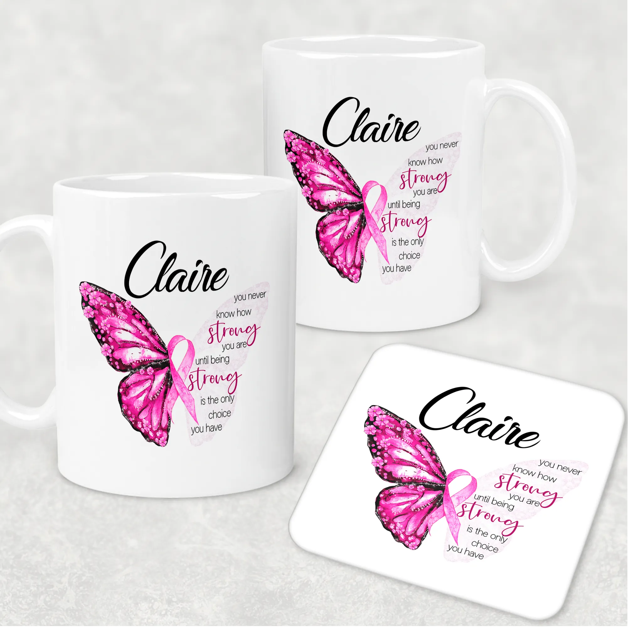 Butterfly Breast Cancer Ribbon Personalised Mug & Coaster