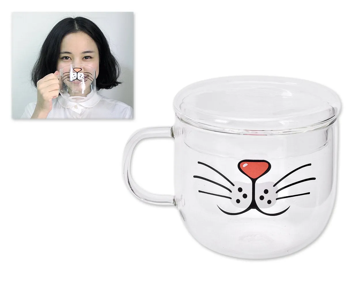 Cat Beard Cute Mug with Lid 500 Milliliter/17 Ounces Transparent Glass Funny Tea Cup Coffee Mug for Drinking Water Novelty Morning Mug