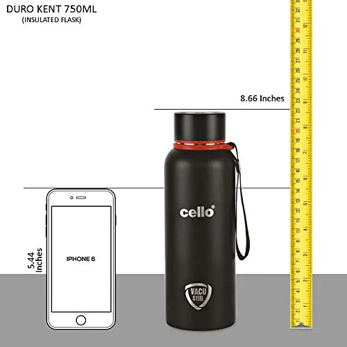 Cello Duro Tuff Stainless Steel Series Kent Flask, 550ml Black | Hot and Cold Stainless Steel Water Bottle | Scratch Resistant DTP Coating Flask |Vacuum Insulated Bottle for Travel, Home, Office