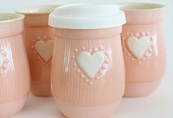 Ceramic Travel Mug with Lid- Pink with Heart- 16oz