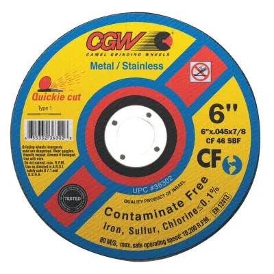 CGW Abrasives Contaminate Free Cut-Off Wheel, 6 in Dia, .045 in Thick, 36 Grit Alum. Oxide, 36302