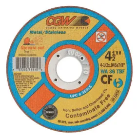 CGW Abrasives Quickie Cut™ Contaminate Free Cut-Off Wheel, 4-1/2 in Dia, 0.045 in Thick, 7/8 in Arbor, 36 Grit Alum. Oxide, 35515