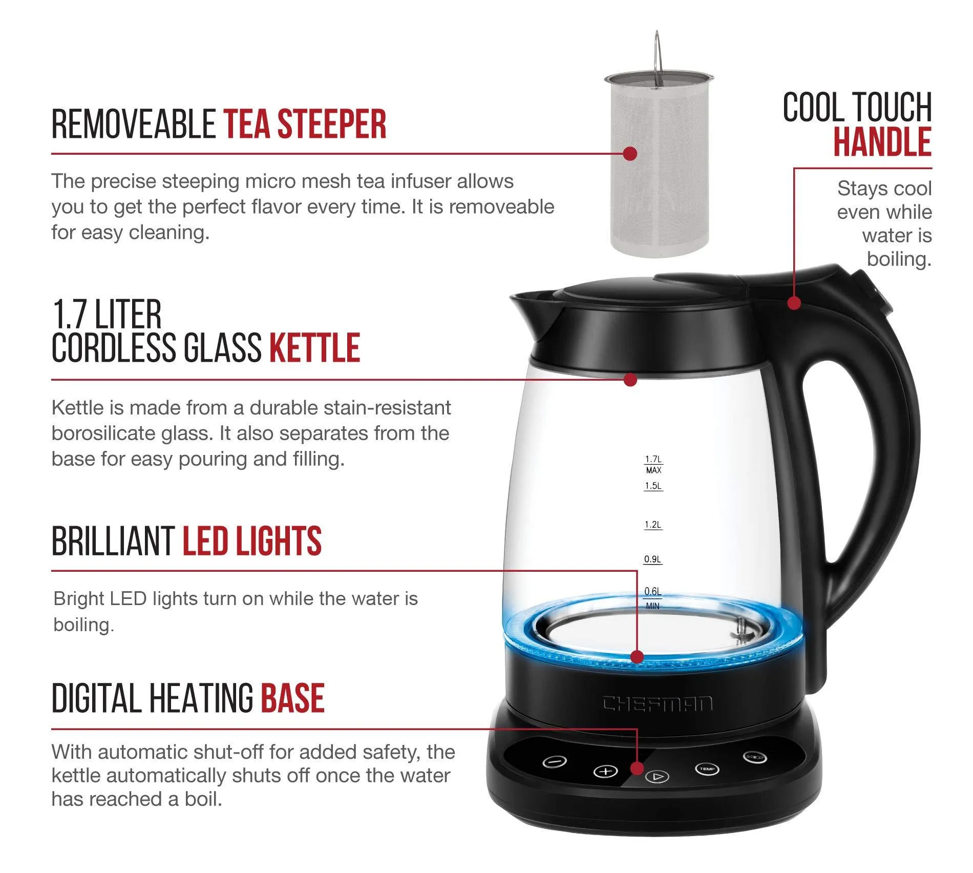 Chefman Programmable Electric Kettle Digital Display Removable Tea Infuser Included, Cool Touch Handle, 360° Swivel Base, BPA Free, 1.7 Liter/1.8 Quart,