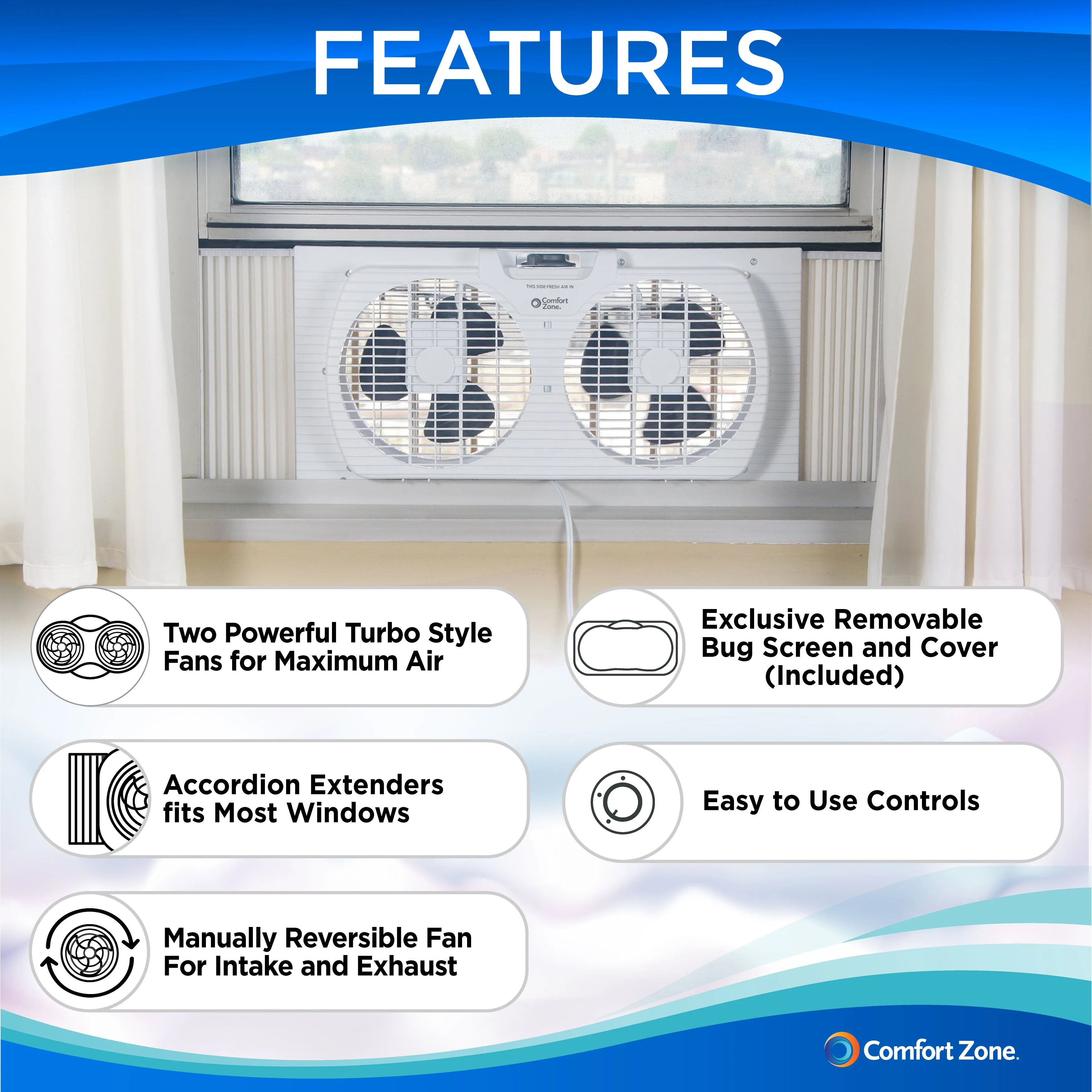 Comfort Zone 9" Twin Window Fan Reversible Airflow Control in Multiple Styles