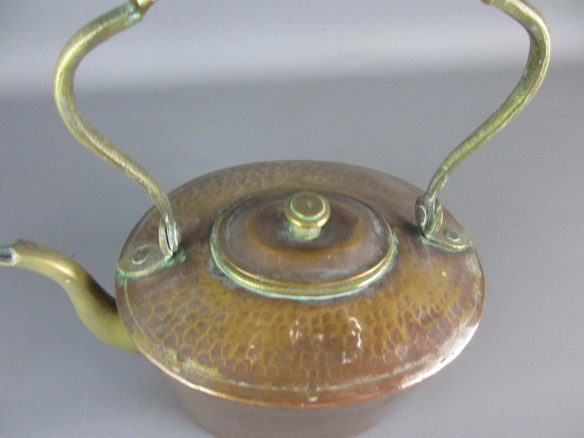 Copper And Brass Planished Kettle Antique Early 20th Century.