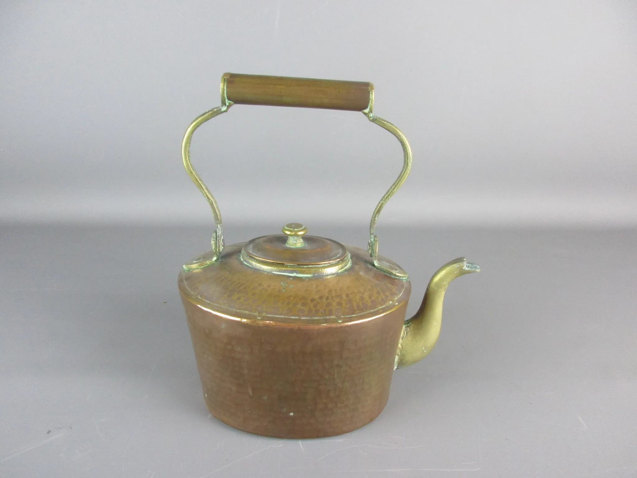 Copper And Brass Planished Kettle Antique Early 20th Century.