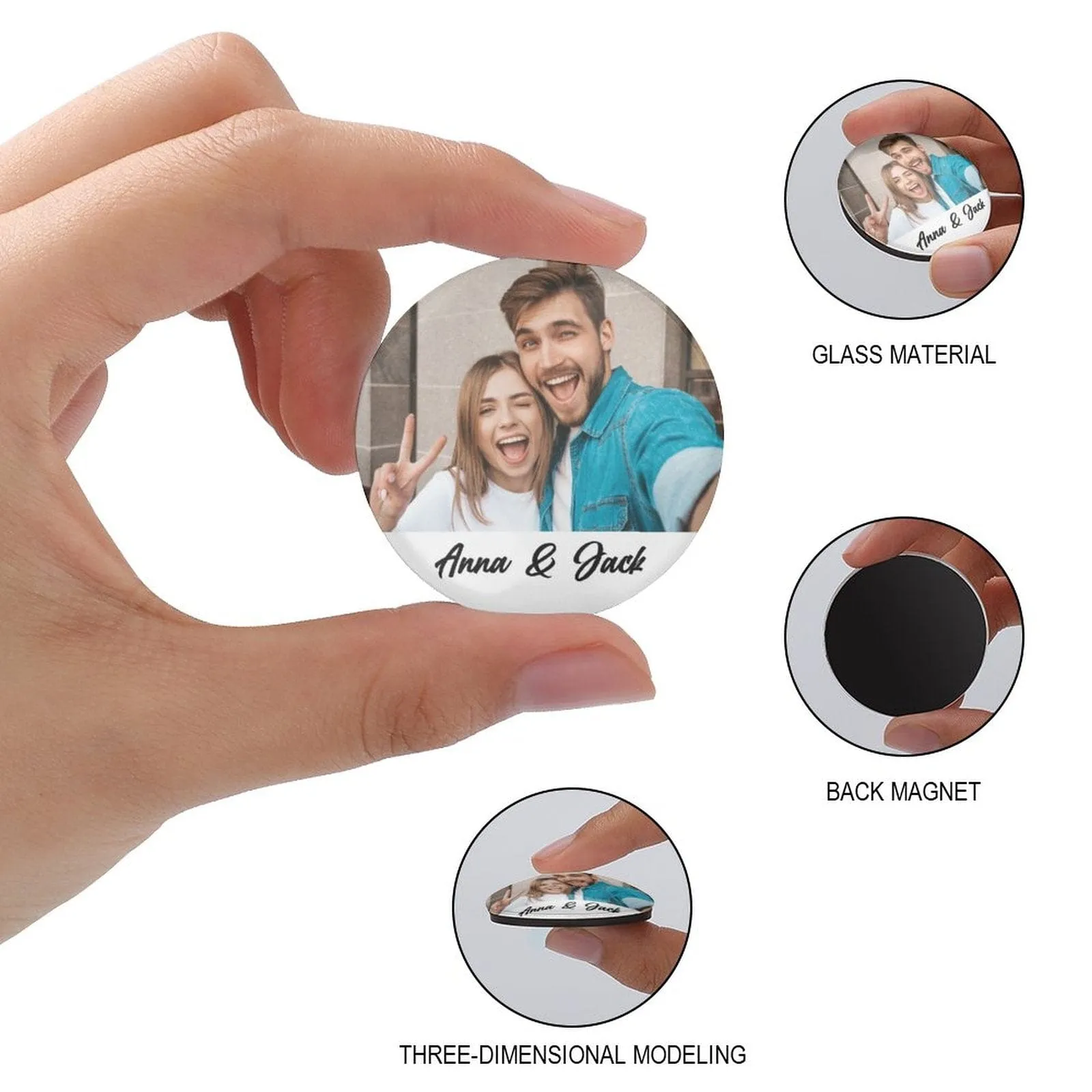 Custom Couple Photo&Name Refrigerator Magnetic and Glass Sticker Round Shape Waterproof Personalized Fridge Magnets Beautiful Decorative Home Kitchen Magnet