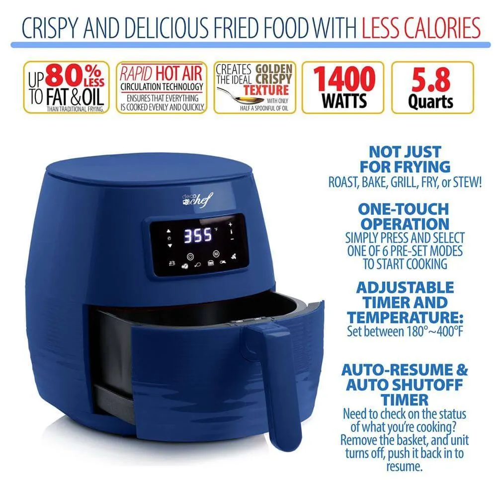 Deco Chef Digital 5.8QT Electric Air Fryer (Blue) with Gourmet 12-Piece Knife Set