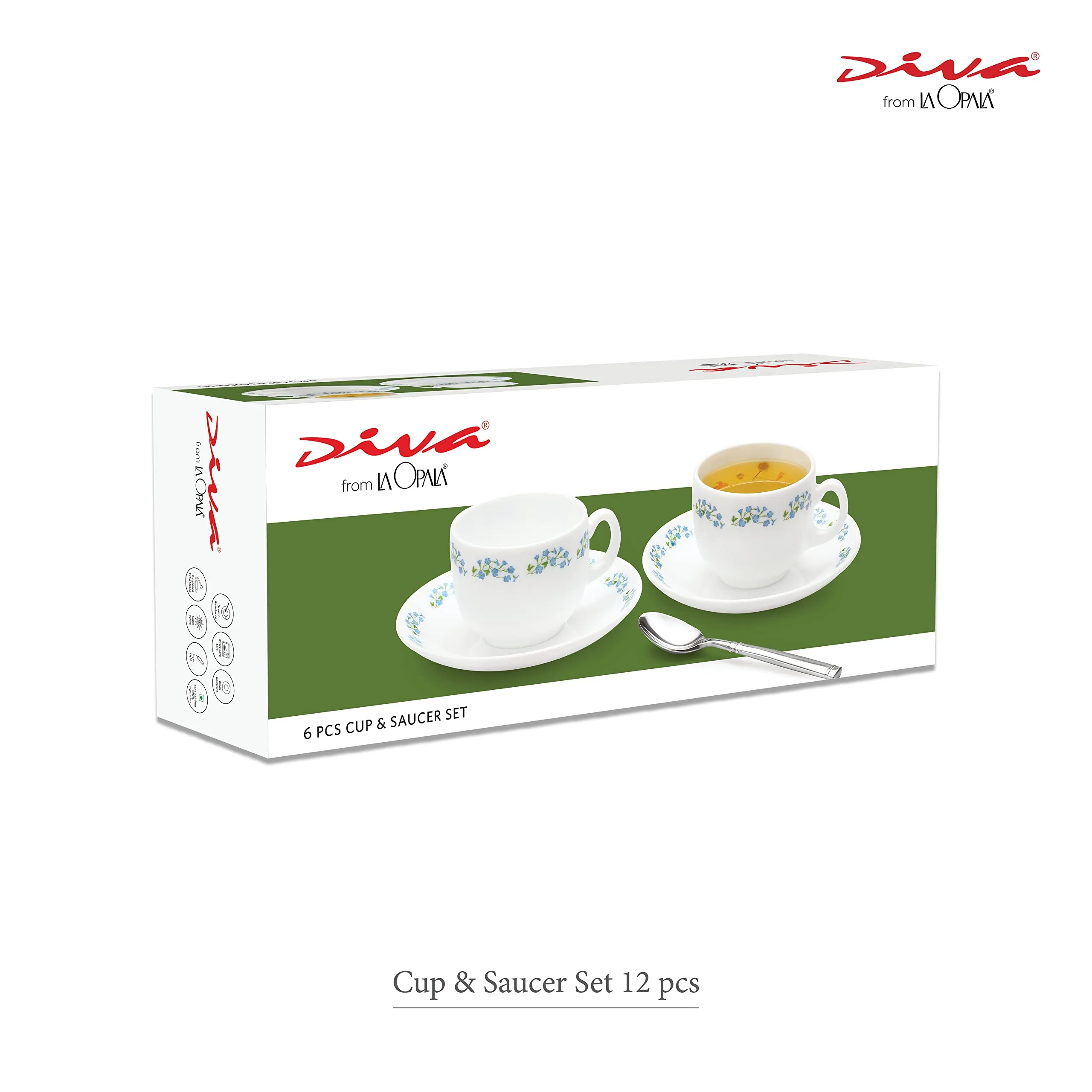 Diva by La Opala, Opal Glass Cup & Saucer Set Iris Regular 160 ml 12 pcs, Plainware, White