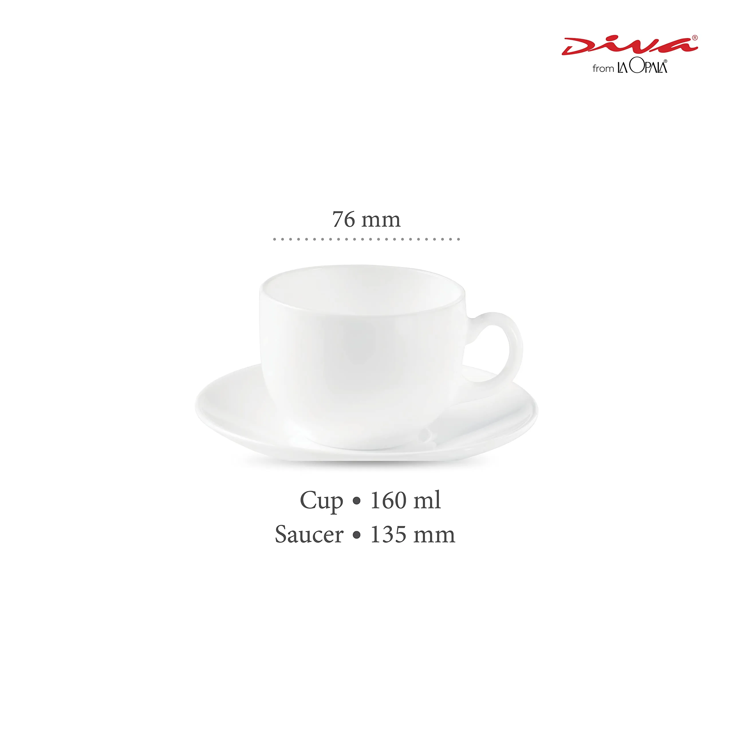 Diva by La Opala, Opal Glass Cup & Saucer Set Iris Regular 160 ml 12 pcs, Plainware, White