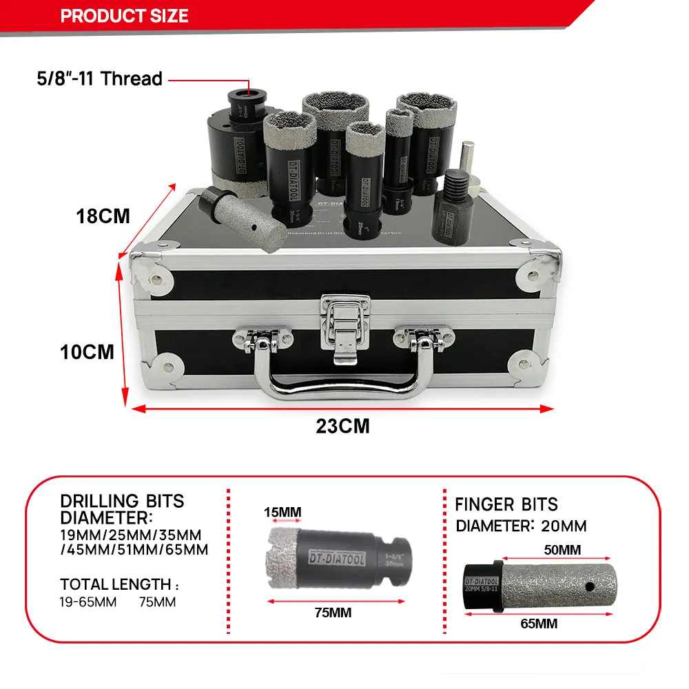 DT-DIATOOL Black Diamond Drill Core Bits Kit with Box and an Adapter for Tile Porcelain Granite Marble 5/8-11 Thread