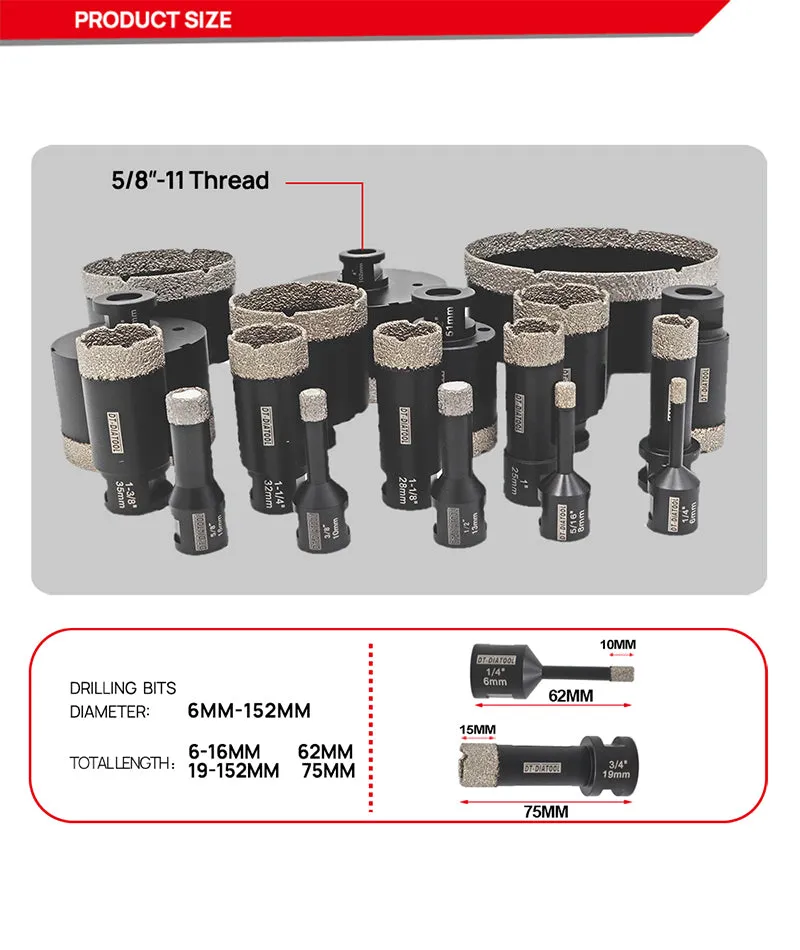 DT-DIATOOL Black Diamond Drill Core Bits Kit with Box and an Adapter for Tile Porcelain Granite Marble 5/8-11 Thread