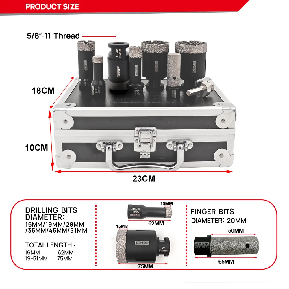 DT-DIATOOL Black Diamond Drill Core Bits Kit with Box and an Adapter for Tile Porcelain Granite Marble 5/8-11 Thread