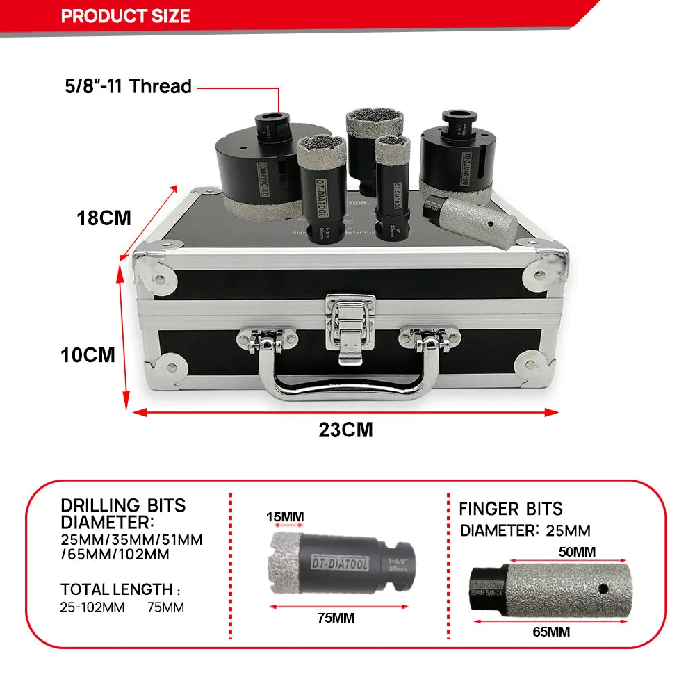 DT-DIATOOL Black Diamond Drill Core Bits Kit with Box and an Adapter for Tile Porcelain Granite Marble 5/8-11 Thread