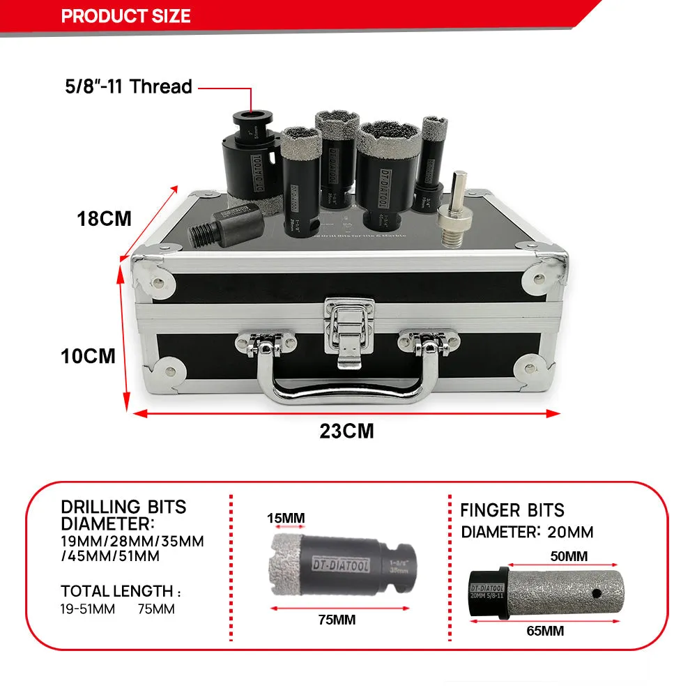 DT-DIATOOL Black Diamond Drill Core Bits Kit with Box and an Adapter for Tile Porcelain Granite Marble 5/8-11 Thread