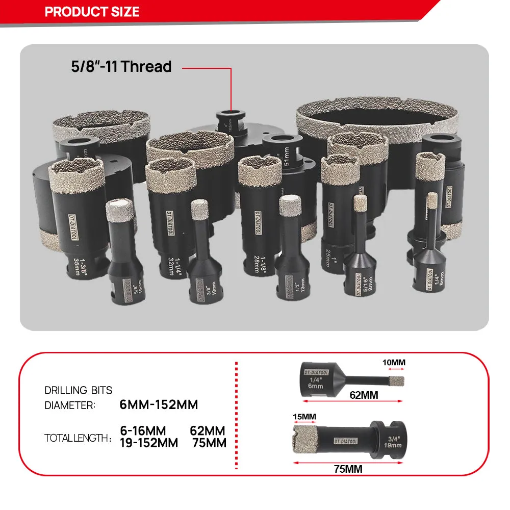 DT-DIATOOL Black Diamond Drill Core Bits Kit with Box and an Adapter for Tile Porcelain Granite Marble 5/8-11 Thread