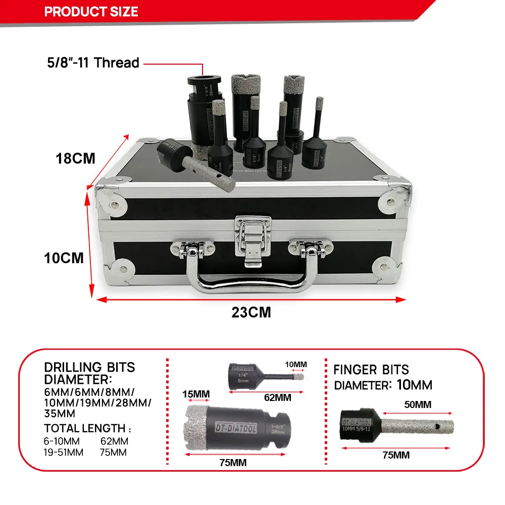 DT-DIATOOL Black Diamond Drill Core Bits Kit with Box and an Adapter for Tile Porcelain Granite Marble 5/8-11 Thread