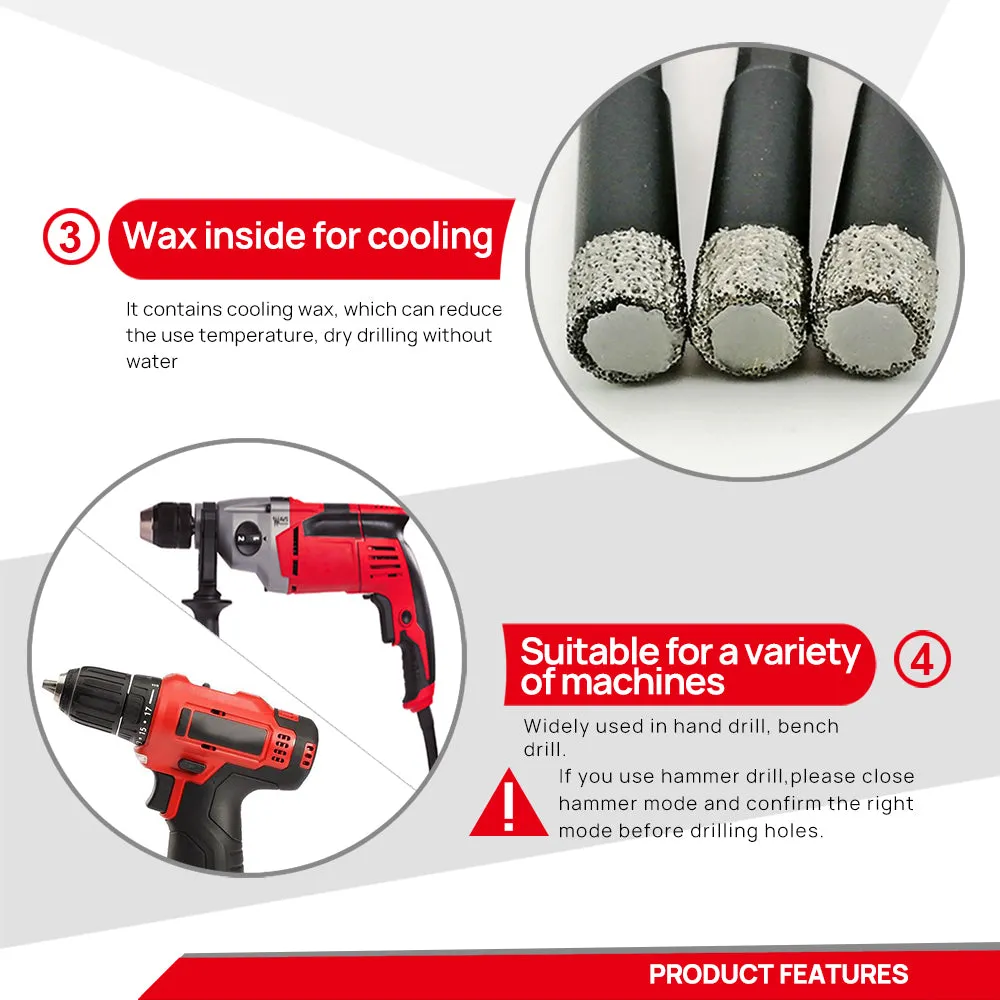 DT-DIATOOL Vacuum Brazed Dry Diamond Drilling Core Bits with Quick Hexagon Shank for Granite Marble Ceramic Tile Glass