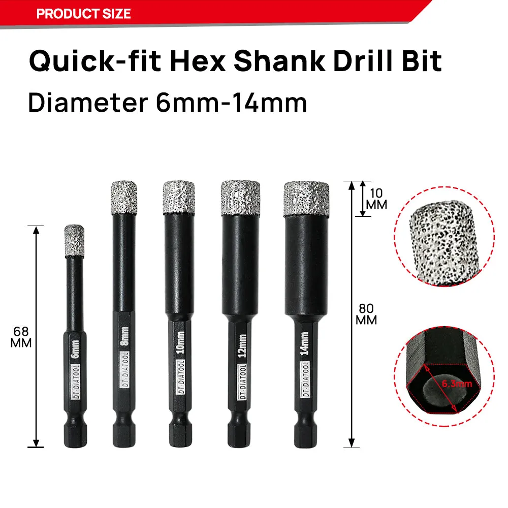 DT-DIATOOL Vacuum Brazed Dry Diamond Drilling Core Bits with Quick Hexagon Shank for Granite Marble Ceramic Tile Glass