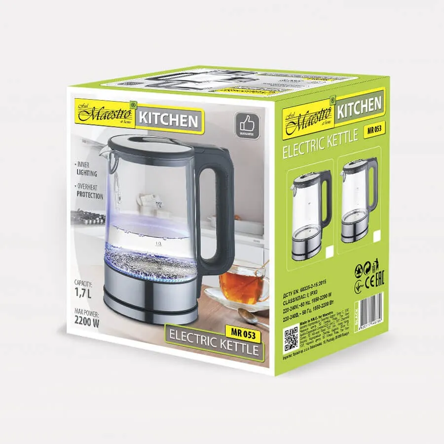 Electric Kettle Maestro Mr-053-Gray Glass 1.7 L 2200 W