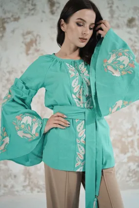 Embroidered Blouse with Fan Sleeves- Mint