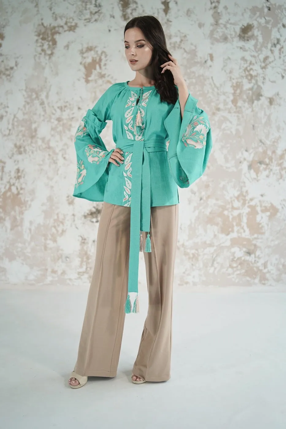 Embroidered Blouse with Fan Sleeves- Mint