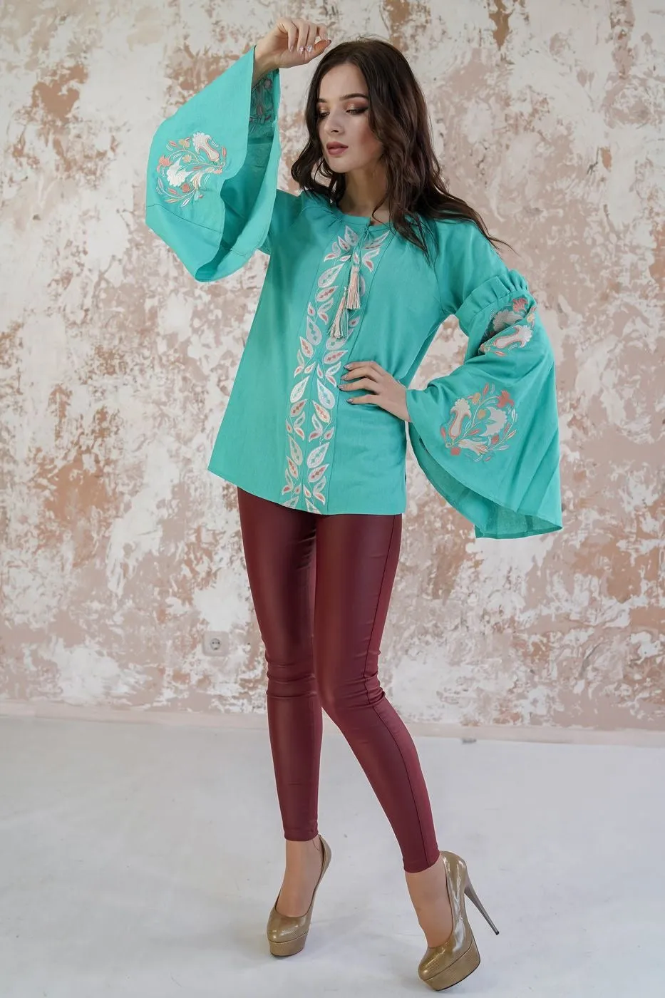 Embroidered Blouse with Fan Sleeves- Mint