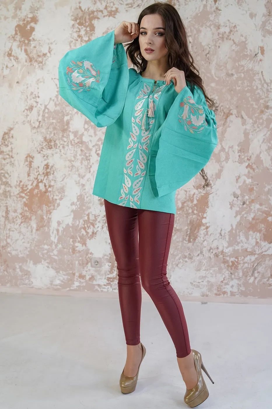 Embroidered Blouse with Fan Sleeves- Mint